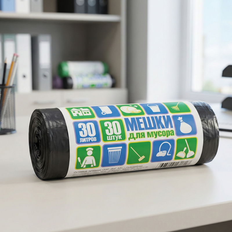Мешки для мусора офисные 30л ПНД черные (Коробка 50 рулонов / 1500 шт)